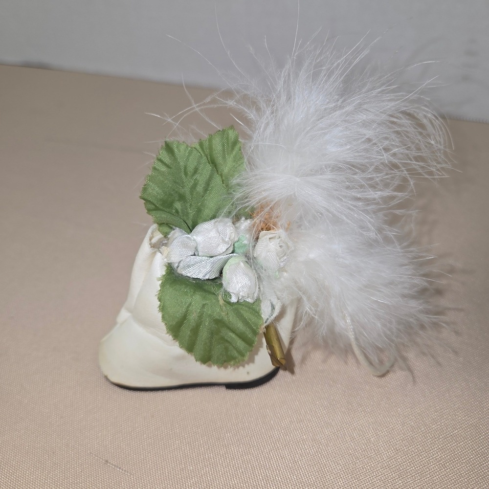 Vintage Miniature White Leather Bootie Doll Shoe Ornament Feather Floral